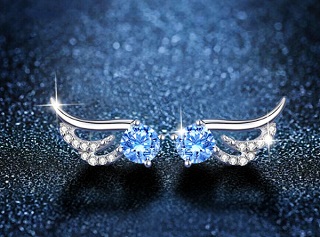 Blue Crystal Angel Wing Stud Earrings 925 Sterling Silver Women Jewellery